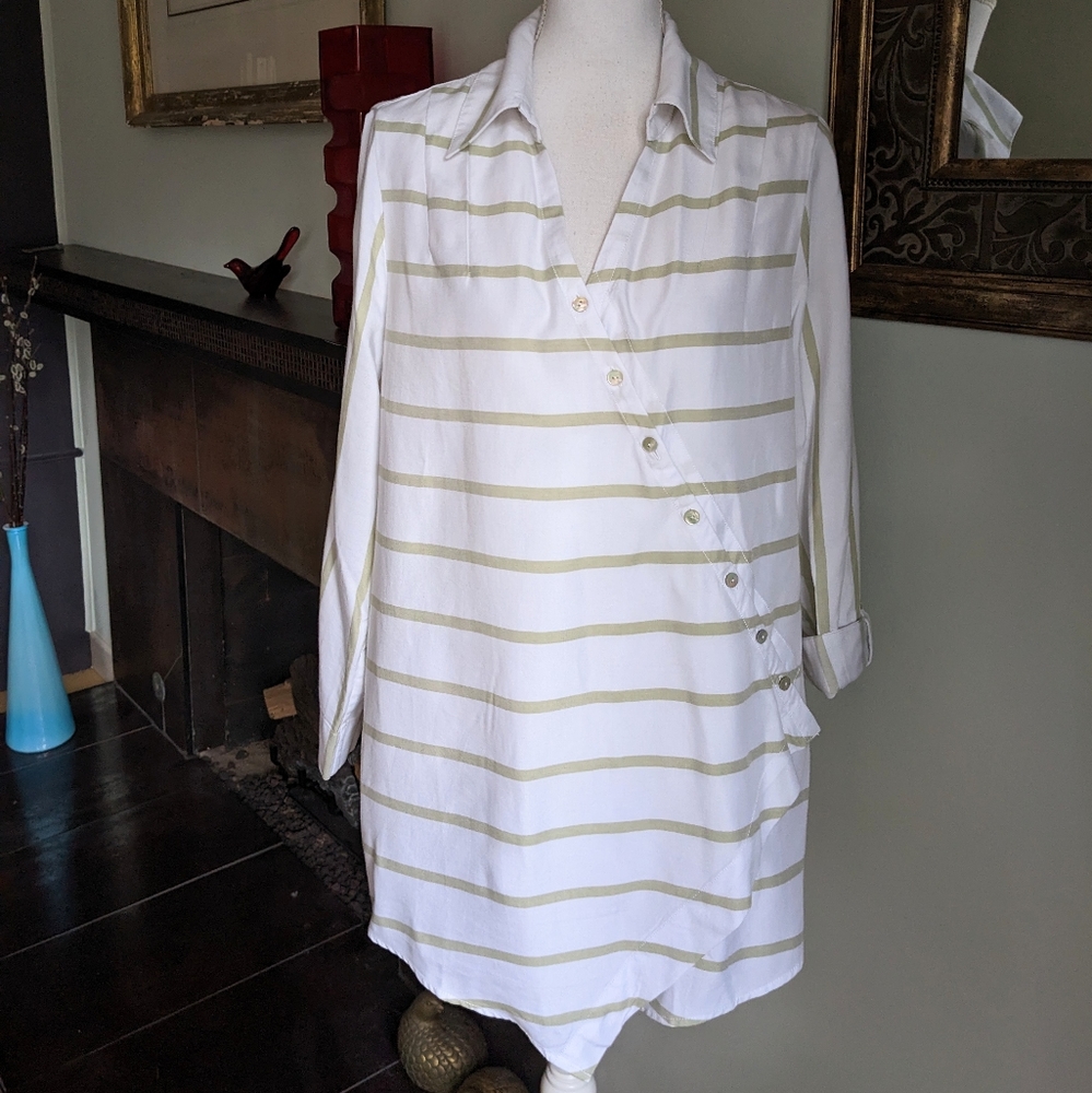 NWOT Soft Surroundings Womens Large Asymmetric Button Front Shirt Tan Stripe 115